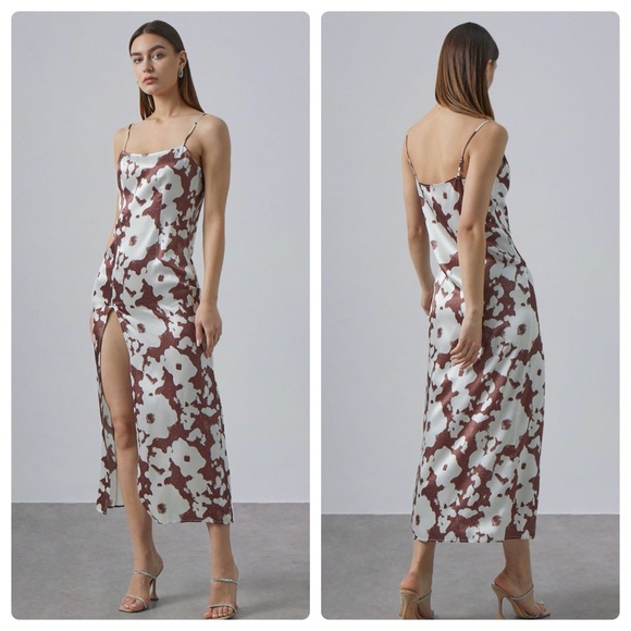 Silk Maison Classic High Slit Silk Slip Dress VANDYCK BROWN size S C5